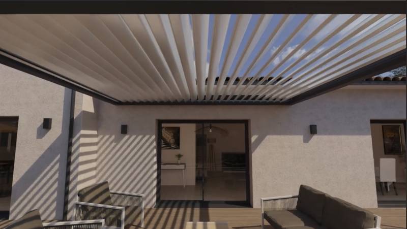 Nouvelle Collection DISTRAL modèle de pergola bioclimatique ECLIPSE. Lames orientables et occultantes pour une étanchéité parfaite Toulouse et sa région