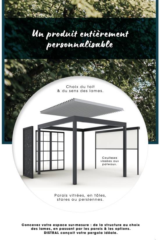 Nouvelle Collection DISTRAL modèle de pergola bioclimatique ECLIPSE. Lames orientables et occultantes pour une étanchéité parfaite Toulouse et sa région